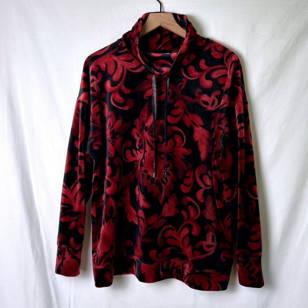 Chicos Womens Damask Scroll Velvet Cowl Neck Pullover Top Size XL Red Black